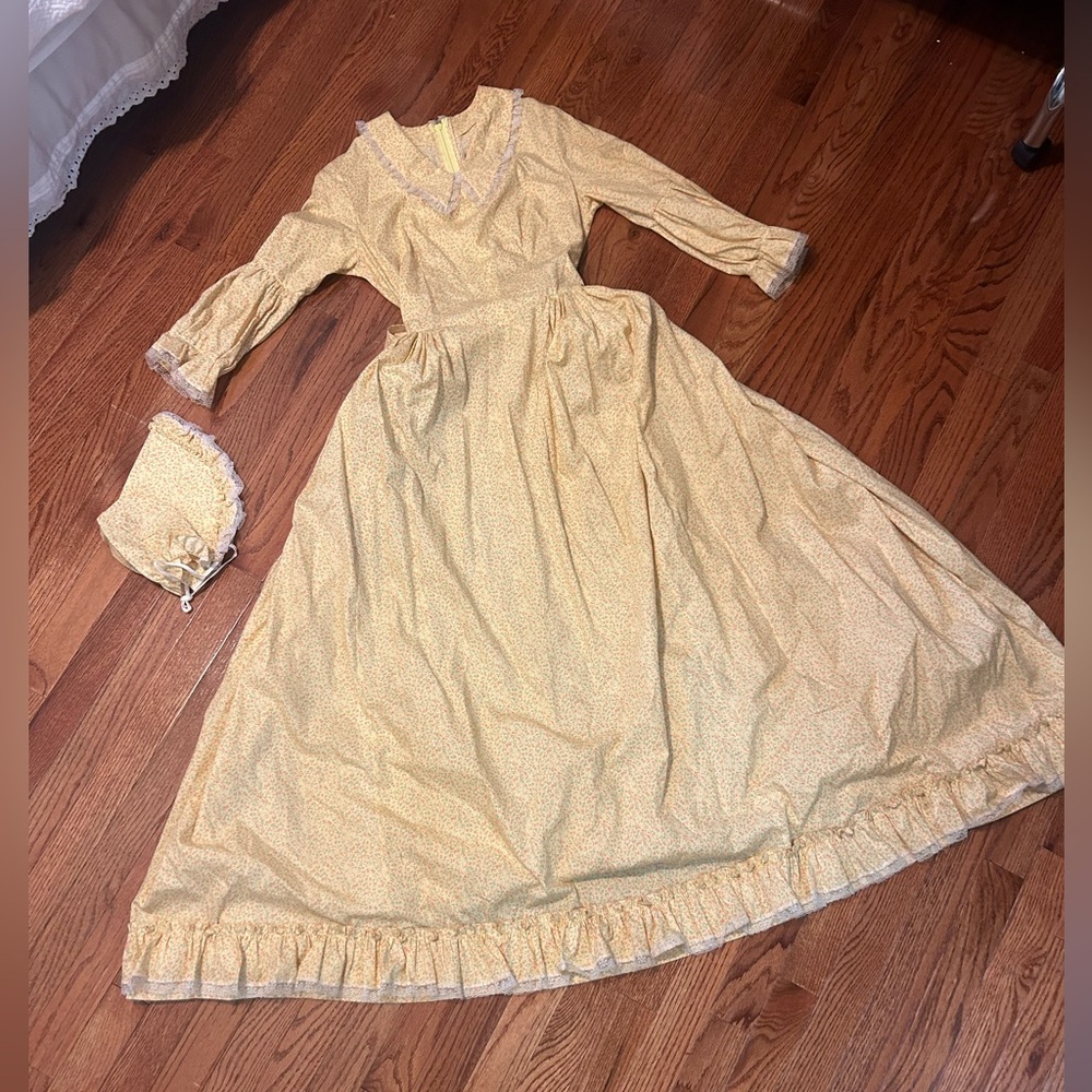 vintage-style prairie dress with a matching bonnet